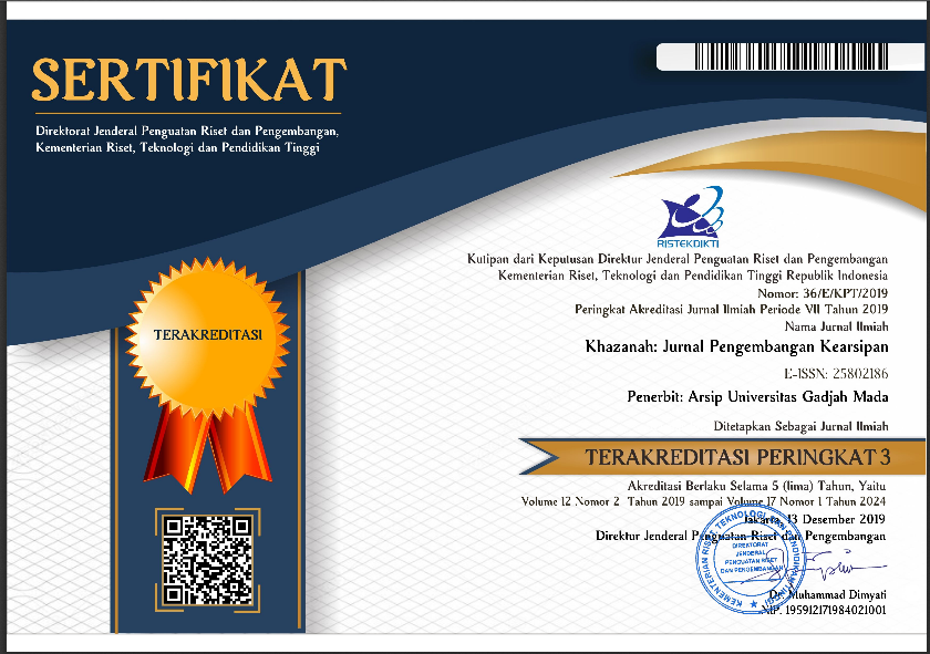 Keputusan Direktur Jenderal Penguatan Riset dan Pengembangan Kementerian Riset, Teknologi, dan Pendidikan Tinggi Republik Indonesia Nomor: 36/E/KPT/2019 tertanggal 13 Desember 2019 tentang penetapan khazanah jurnal pengembangan kearsipan terakreditasi di sinta 3